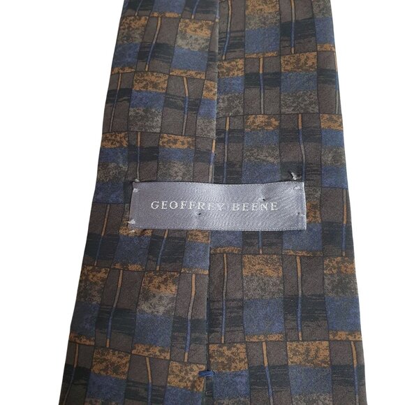 Geoffrey Beene Vintage Designer Men Blue Brown Checkered Silk Tie Gift Dad - Picture 4 of 5